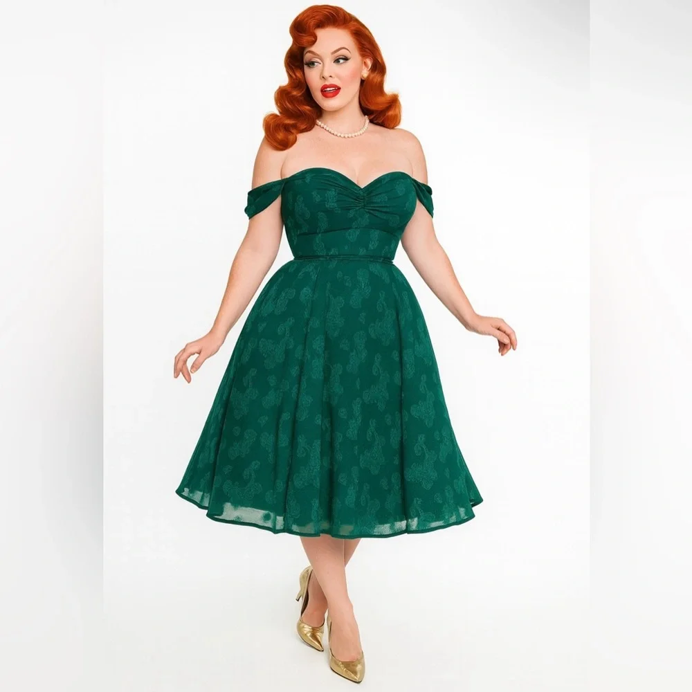 Unique Vintage 1950s Teal Green Jacquard Off Shoulder Flare Dress, Size  XL, NWT - Picture 8 of 15